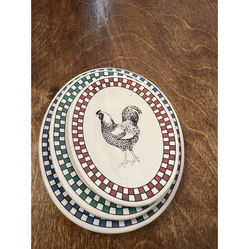 Vintage white ceramic farm animals small Oval Plates checkered Country style